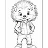 A cartoon hedgehog character wearing a hoodie and backpack, standing confidently with hands on hips, featuring spiky fur and a friendly smile, outlined in black and white for coloring.