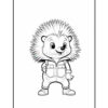 A cartoon hedgehog character with a spiky hairstyle, wearing a zip-up jacket and overalls, standing with hands on hips in a playful pose against a blank background.