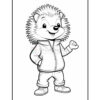 A cartoon hedgehog character wearing a zipped jacket and pants, standing confidently with one hand on its hip and a smile on its face, outlined for coloring.