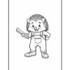 A cartoon hedgehog character wearing overalls and sneakers, holding a book in one hand, smiling cheerfully.