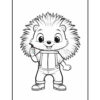 A cartoon hedgehog character with a large spiky back and a big smile, wearing a shirt with suspenders and shorts, standing with one hand raised as if giving a thumbs-up.