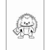 A cartoon hedgehog character with spiky hair wearing overalls and holding a book, smiling and standing upright against a blank background.