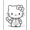 A cartoon character resembling a cat, wearing a bow and overalls, standing with a cheerful expression and a raised tail. The drawing is in black and white, suitable for coloring.