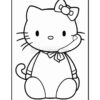 A cute cartoon character resembling a kitten, with a large head, round face, and a bow on its ear. It has a small nose, whiskers, and is wearing a necktie. The character is seated with a simple, playful expression, outlined for coloring.