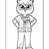 A cartoon owl character wearing a lab coat and pants, standing with hands on hips, featuring large expressive eyes and a confident posture.