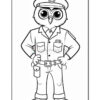 A cartoon owl dressed as a police officer, wearing a cap and a uniform with a badge, standing confidently with hands on its hips. The illustration is outlined for coloring.