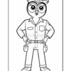 A cartoon owl character standing confidently with hands on hips, wearing a button-up shirt with pockets and work pants, designed for coloring.