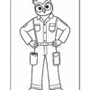 A cartoon owl standing confidently with arms crossed, wearing a work uniform with pockets and sturdy boots, set against a simple outline background.