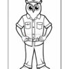 A cartoon owl character dressed in a police uniform, featuring a shirt with two pockets and a hat with a badge, standing with hands on hips and wearing pants and shoes.