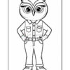 A cartoon owl character wearing a button-up shirt and pants, standing with hands on hips, with large expressive eyes and a friendly demeanor. The image is outlined for coloring.