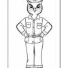 A cartoon owl character dressed as a police officer, standing with hands on hips, wearing a police hat, button-up shirt with pockets, and trousers.