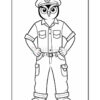 Line drawing of an owl character dressed as a police officer, wearing a cap, a button-up shirt with pockets, and cargo pants, standing with hands on hips.