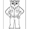 A cartoon owl dressed as a worker, wearing a cap and a button-up shirt with two pockets, standing confidently with hands on hips. The owl has large round eyes and is wearing a utility belt with a tool on the side. The character is outlined for coloring.