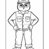 A cartoon owl dressed in a construction worker outfit with a hard hat, button-up shirt, and jeans, standing confidently with hands on hips against a blank background.