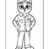 A cartoon owl character dressed as a police officer, wearing a cap and a button-up shirt with pockets, standing confidently with hands on hips and a friendly expression. The outline is suitable for coloring.
