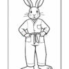 A cartoon rabbit standing upright, wearing a robe with a tied waist and pockets, with large ears and a smiling face, depicted in a black-and-white line art style.