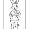 A cartoon rabbit character stands confidently with hands on hips, wearing a short-sleeved shirt and a skirt with pockets, displaying a friendly expression, suited for a coloring page.