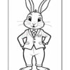 A cartoon rabbit standing confidently with its hands on its hips, wearing a suit and bow tie, with large ears and a friendly expression. The image is in black and white, suitable for coloring.