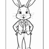 A cartoon rabbit standing confidently, wearing a suit with a tie. The rabbit has large ears, a friendly expression, and is posing with its hands on its hips. The illustration is in black and white, suitable for coloring.