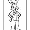 A cartoon-style rabbit standing upright, wearing a short-sleeved shirt with pockets and trousers, smiling while crossing its arms. The rabbit has large ears and a whiskered face, outlined in black against a white background.