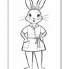 A cartoon rabbit character standing with hands on hips, wearing a short-sleeved shirt and an apron. The character has large ears, a cheerful expression, and whiskers, in a black and white outline style suitable for coloring.