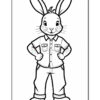 A cartoon rabbit standing confidently with hands on its hips, wearing a button-up shirt and pants, in a simple line art style suitable for coloring.