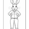A cartoon rabbit character standing upright, wearing a button-up shirt with two chest pockets and pants, with its hands on its hips, depicted in a black and white line art style suitable for coloring.