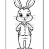 A cartoon rabbit standing upright, wearing a button-up shirt with a pocket and pants, hands on hips, smiling, against a plain background.
