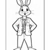 A cartoon rabbit stands upright, wearing a suit with a tie. The rabbit has large ears, a smiling face, and is posing with hands on hips, showcasing a friendly demeanor. The illustration is in black and white, suitable for coloring.