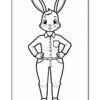 A cartoon rabbit character standing confidently with hands on hips, wearing a button-up shirt with a pocket, trousers, and sandals, all outlined in black for coloring.