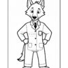 A cartoon wolf character dressed in a white lab coat, standing confidently with hands on hips. The wolf has pointed ears, a friendly expression, and wears a tie and pants, suitable for a professional or academic setting. The image is outlined and ready for coloring.
