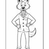 A cartoon wolf character wearing a suit and tie, standing with a confident posture, and smiling. The wolf has cartoonish features such as large eyes and an expressive face. It is outlined in black and intended for coloring.