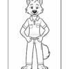 A cartoon wolf character with a friendly expression, wearing a short-sleeved shirt with pockets and pants, standing with hands on hips against a blank background.