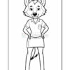 A cartoon wolf character standing with hands on hips, wearing a shirt and a skirt, featuring a friendly expression and prominent ears.