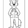 A cartoon illustration of a fox character standing with a friendly smile. The fox is dressed in a doctor's coat with a stethoscope around the neck, and is wearing pants. The image is in black and white, suitable for coloring.
