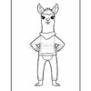 A cartoon llama character standing with hands on hips, wearing a hoodie and pants, outlined in black for coloring.