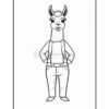 A cartoon llama standing upright, wearing suspenders and baggy pants, with a confident expression and hands on hips, set against a blank background.