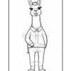 A cartoon llama character standing upright, wearing a buttoned jacket and pants, with a cheerful expression and long ears.