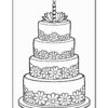 A black and white illustration of a tiered birthday cake decorated with flowers and topped with a single candle.