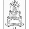A black and white illustration of a three-tiered wedding cake decorated with flowers and a single candle on top, placed on a round cake stand.