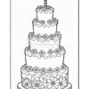 A black-and-white illustration of a large, decorated multi-tiered birthday cake, featuring floral designs and a lit candle on top.