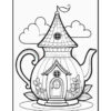 A whimsical illustration of a teapot designed as a house, featuring a peaked roof, a small door, and windows, with decorative flowers and leaves around its base, set against a simple cloud-filled background.
