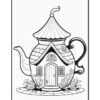 A whimsical illustration of a teapot shaped like a house, featuring a rounded roof, a door, and several windows, surrounded by decorative flowers and plants at the base.