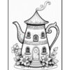 A whimsical teapot shaped like a house, featuring a rounded body, a pointed roof with a swirl, and decorated with floral designs. It has a door and several windows, surrounded by blooming flowers at the base.