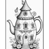 A whimsical teapot shaped like a house, featuring a conical roof adorned with shingles, small windows, and a door. The teapot is surrounded by stylized flowers and butterflies, with detailed decorative elements, all illustrated in a coloring page style.