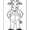 A cartoon cow character standing with its arms crossed, wearing a button-up shirt and jeans, and black shoes. The illustration is in black and white, suitable for coloring.