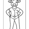 A cartoon cow character wearing a doctor's outfit with a pocket, standing confidently with hands on hips, in a black and white coloring page style.
