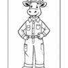 A cartoon cow character wearing a hat, button-up shirt with pockets, and overalls, standing with hands on hips and smiling.