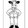 A cartoon cow dressed in a blue shirt and pants with pockets, standing with hands on its hips and wearing a cap, smiling.