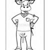 A cartoon cow character standing upright, wearing a collared shirt with rolled-up sleeves and pants. The cow has a friendly expression, with prominent ears and a tail. It stands with hands on hips, showcasing a playful design.